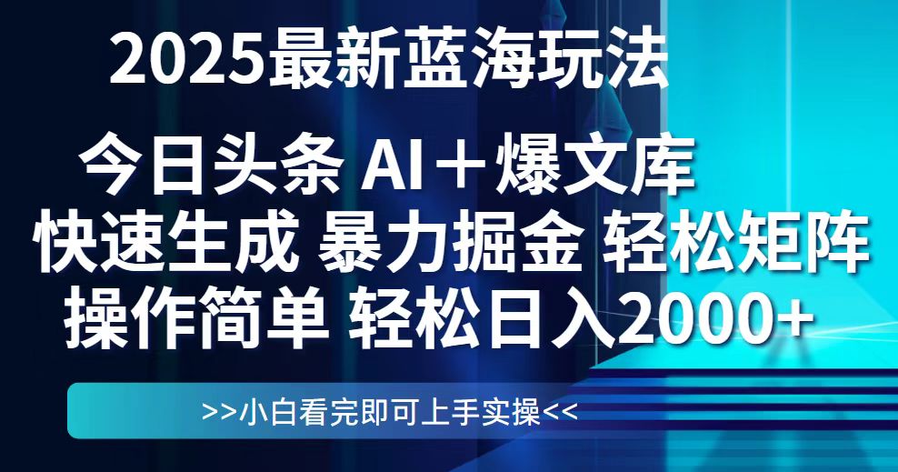 （14805期）今日头条2025最新蓝海玩法，思路简单，复制粘贴，轻松实现矩阵日入2000+-多多网创