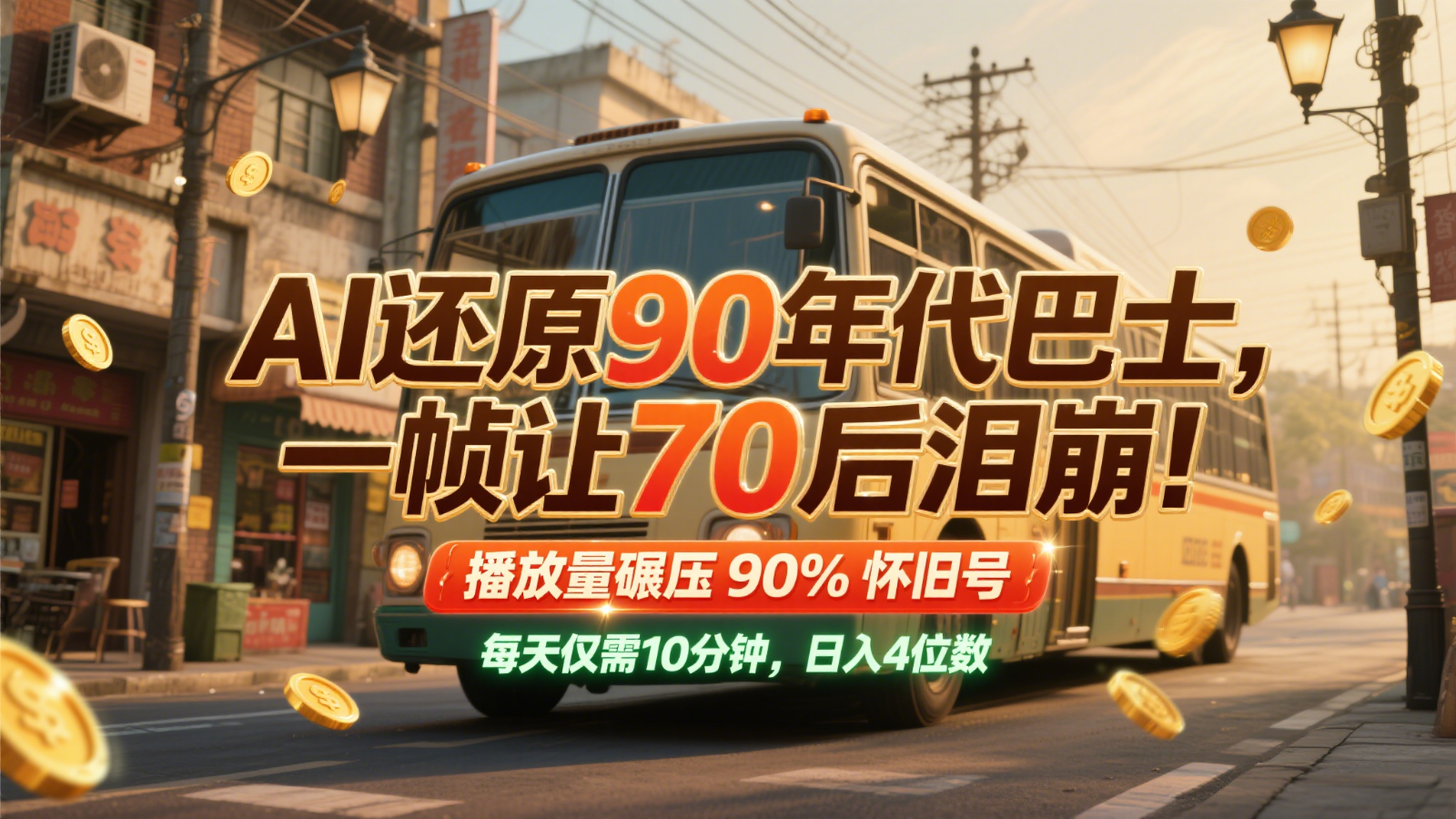 fy14020期-AI还原90年代巴士，一帧让70后泪崩！播放量碾压90%怀旧号，每天10分钟，日入4位数-多多网创